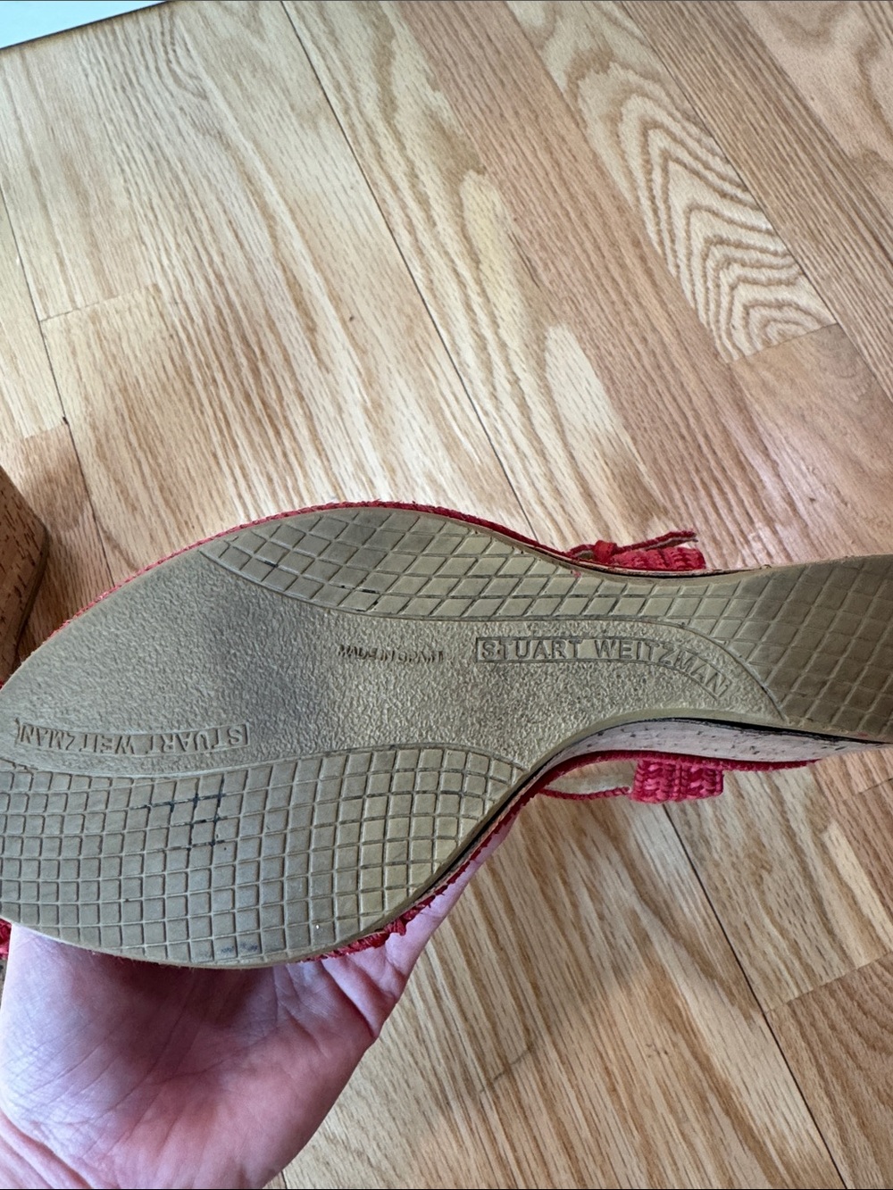 Stuart Weitzman Red Woven Cork Wedge Sandals - Picture 2 of 9